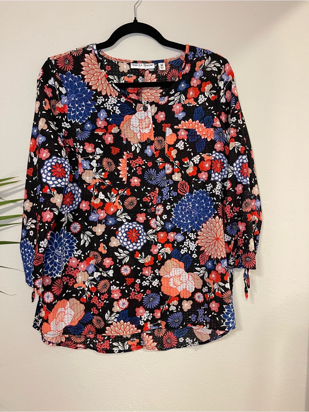 Rebecca Malone Black Floral Button-Up Tunic with Blue & Coral Blooms